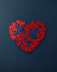 Red and blue puzzle pieces form a heart shape on a dark background, symbolizing love, harmony, and connection in an abstract design.