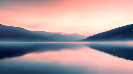 Obraz premium Misty Mountain Lake at Sunset with Pink Sky Reflection
