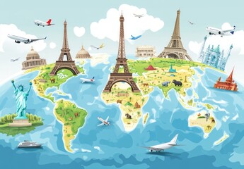 World Travel: A Map of the World Highlighting Iconic Landmarks Like the Eiffel Tower