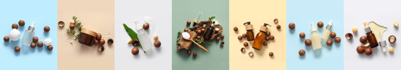 Set of cosmetics with macadamia extract on color background, top view