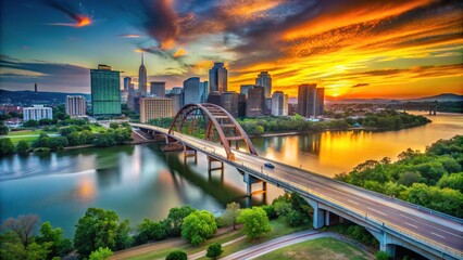 Fototapeta premium Pennybacker Bridge and Austin skyline at sunset with shallow depth of field