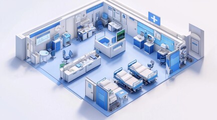 3D isometric floor plan of a hospital with patient rooms and surgical suites