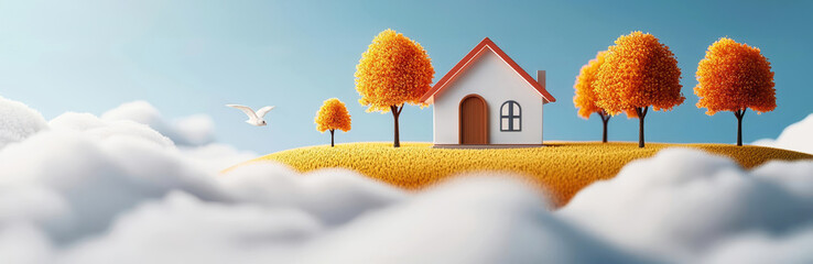 3d rendering illustration of a house floating above the clouds, trees around the yard add to the...