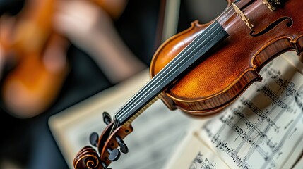 Close-up of a Violin Resting on Sheet Music