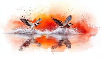 Two birds flying over water at sunset.