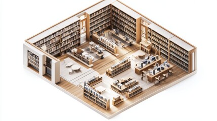 3D isometric floor plan of a university library with study areas and book stacks