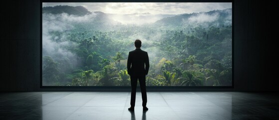 Innovative entrepreneur showcasing their sustainable business vision against a lush jungle backdrop emphasizing nature and growth