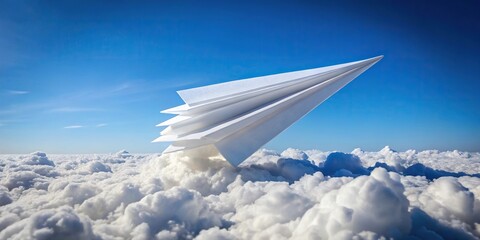 paper plane, foam stack, blue backdrop, white clouds