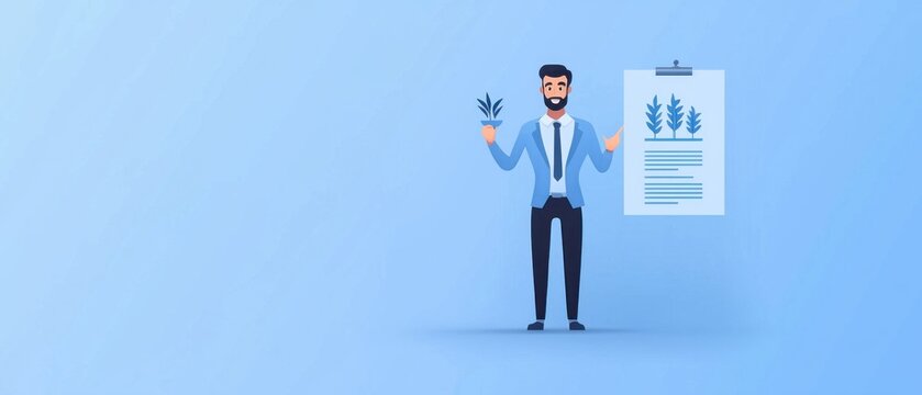 Entrepreneur showcasing innovative business ideas with visual presentation and engaging plant elements for creative impact