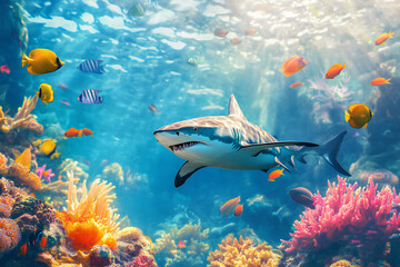 Fototapeta premium shark with group of colorful fish and sea animal with colorful coral under sea water