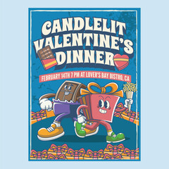 Obraz premium Valentines Day Candlelit Dinner poster with Gift Box and Chocolate Character in Groovy Vintage Retro Cartoon Vector Illustration