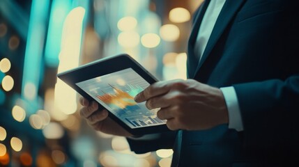 Businessman Analyzing Financial Data on Tablet