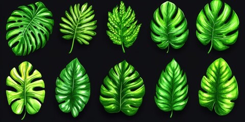 Green tropical leaves on black background.
