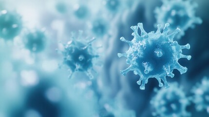 Three-dimensional of a light blue adenovirus with other viral elements