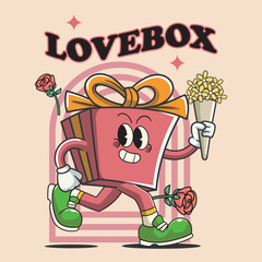 Valentines Day with Cute Gift Box character in Groovy Vintage Retro Cartoon Vector Illustration for sticker, badge, patch, banner, greeting card, invitation