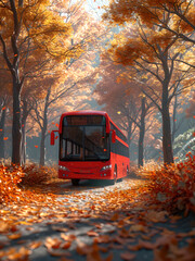 Obraz premium red bus in the golden forest
