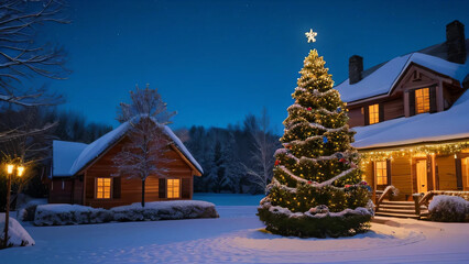 夜空に映えるログハウスと大きなクリスマスツリー