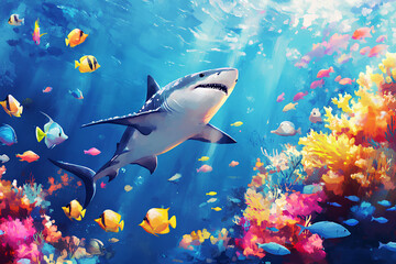Fototapeta premium shark with group of colorful fish and sea animal with colorful coral under sea water