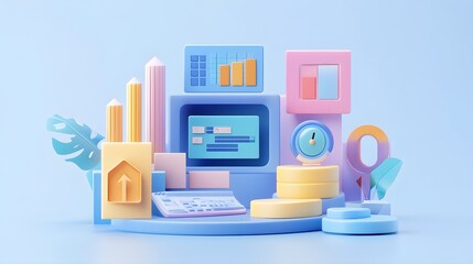 Obraz premium Abstract 3D Geometric Shapes with Blue Background Data Analytics Business Growth Digital Marketing