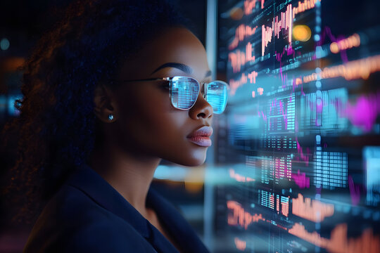African Businesswoman working with data and tablet hologram with digital overlay for tech, statistics or stock market. generative ai
