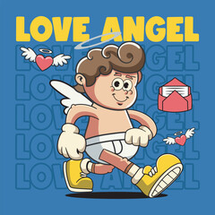 Valentines Day with Happy cute cupid angel character in Groovy Vintage Retro Cartoon Vector Illustration for sticker, badge, patch, banner, greeting card, invitation
