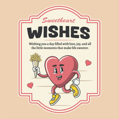 Valentines Day with Cute Happy heart character in Groovy Vintage Retro Cartoon Vector Illustration for sticker, badge, patch, banner, greeting card, invitation