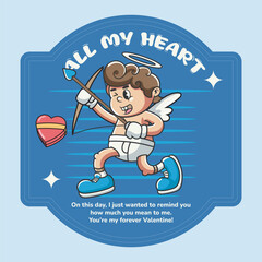 Valentines Day with Happy cute cupid angel character in Groovy Vintage Retro Cartoon Vector Illustration for sticker, badge, patch, banner, greeting card, invitation