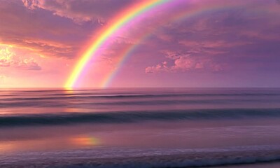 A serene beach scene featuring a vibrant rainbow over calm ocean waters at sunset. - Powered by Adobe
