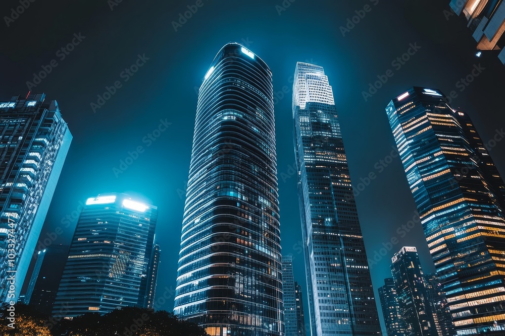 Poster a low angle view of a group of skyscrapers in a city at night. the buildings are illuminated with br