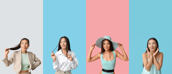 Naklejka premium Set of Asian woman with stylish mint makeup and clothes on color background