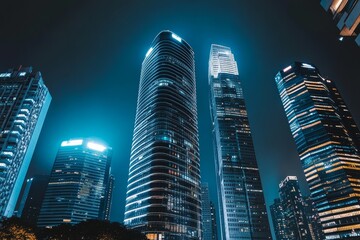 A low angle view of a group of skyscrapers in a city at night. The buildings are illuminated with bright lights and the sky is dark.
