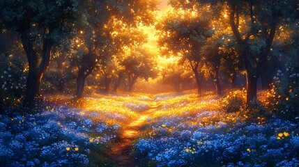 A serene forest path illuminated by golden sunlight, surrounded by vibrant blue flowers.