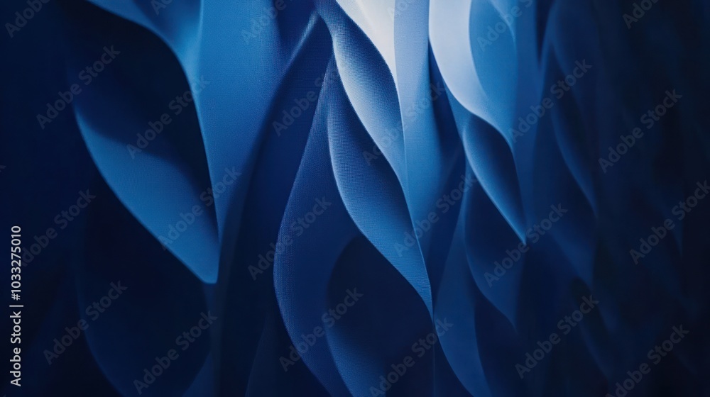 Poster abstract blue and white pattern with a 3d effect, resembling a series of overlapping, wavy shapes.