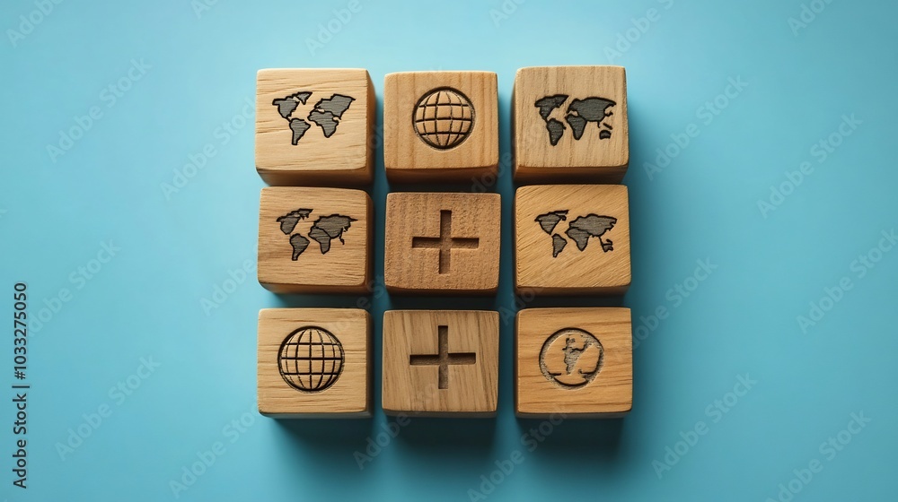Poster wooden cubes world globe symbols aligned on a serene blue background representing world health day e