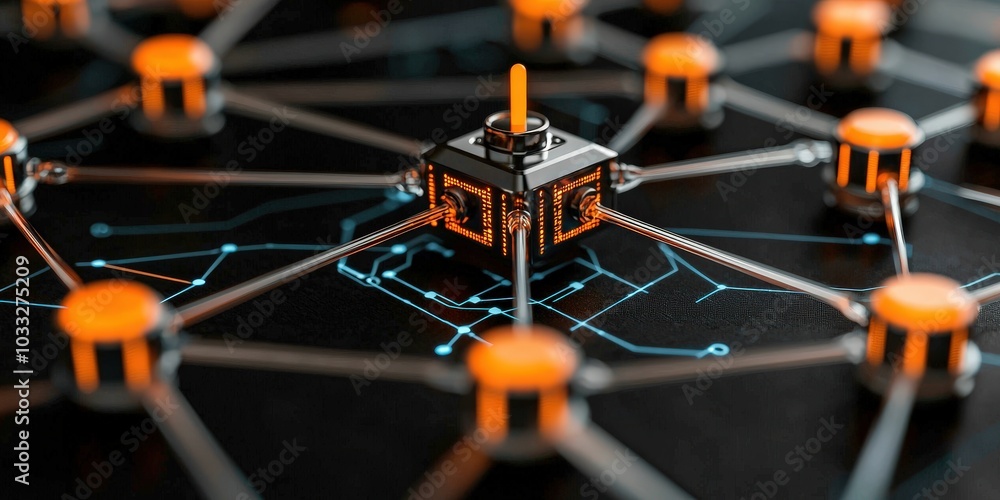 Poster illuminated network hub with orange nodes data connection concept