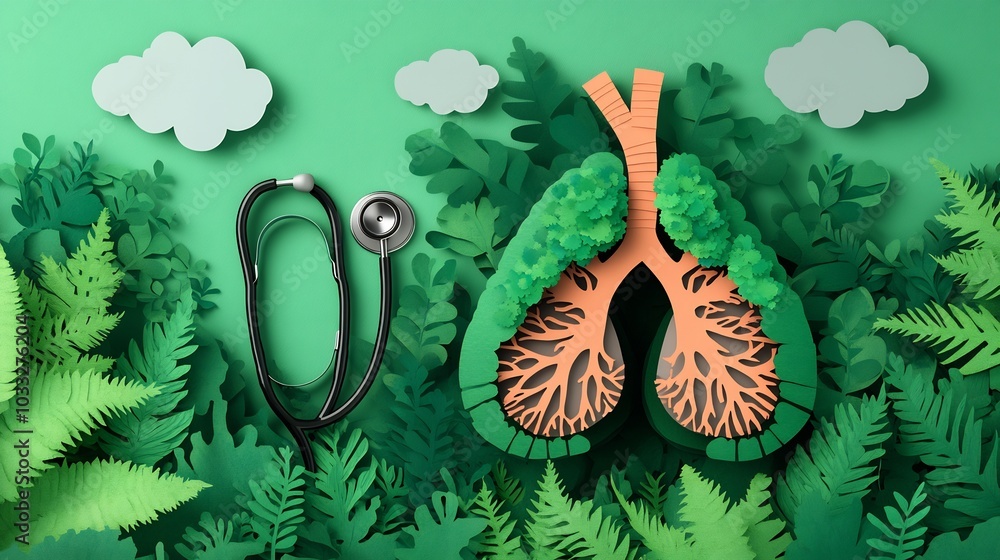 Poster world health day theme a paper cutout style showing lungs with green trees as bronchi floating cloud