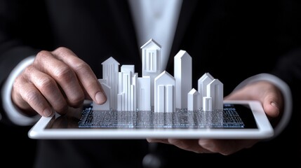 Businessman Holding Tablet with 3D City Model   Smart City Technology  Future Urban Develo