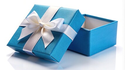 Blue open gift box with white bow isolated on white background Close-Up