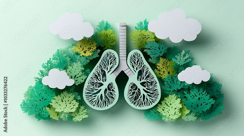 Poster world health day theme a paper cutout style showing lungs with green trees as bronchi floating cloud