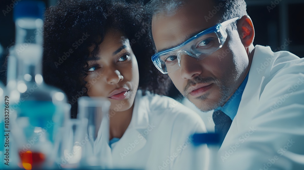 Poster a diverse duo of scientists working in a laboratory setting