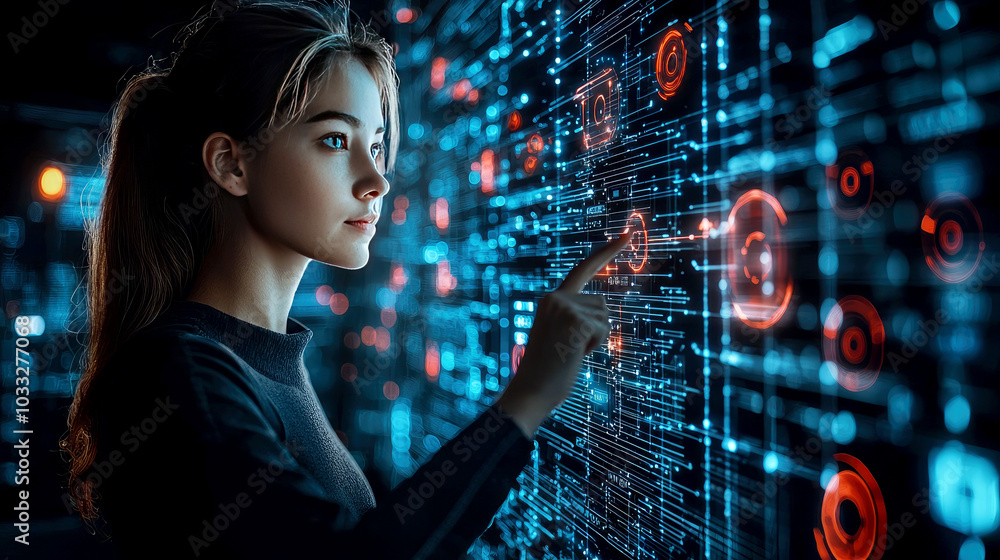 Aufkleber a young woman interacts with a digital interface displaying data and technology visuals.