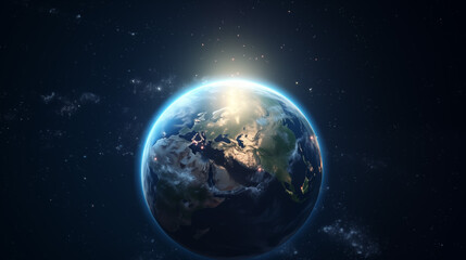 Obraz premium A view of Earth from space with the sun rising over the horizon, illuminating parts of Europe, Africa, and Asia. The background is a starry night sky.