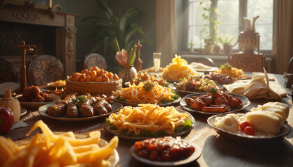 Fototapeta premium Rustic table filled with traditional dishes in sunlight.
