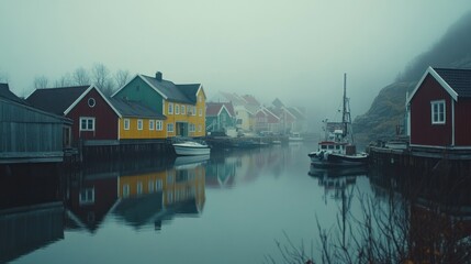Obraz premium A misty morning view of a small harbor with colorful wooden houses, a boat, and a calm canal reflecting the buildings.