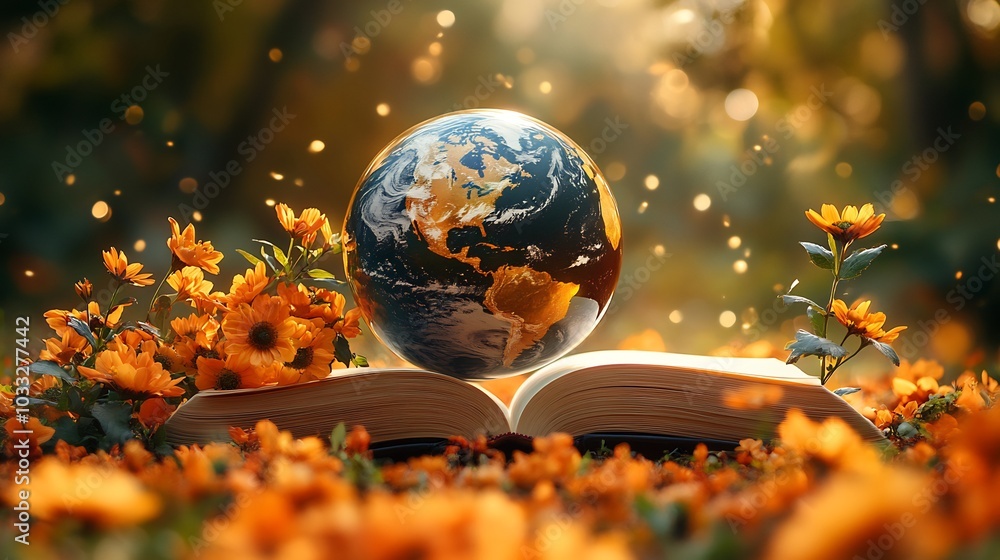 Poster world teacher's day celebration concept an open book a globe and flowers set against a warm golden b