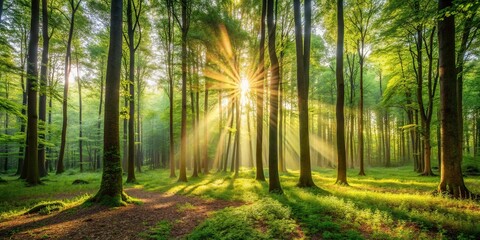 Fototapeta premium peaceful forest with sunlight filtering through