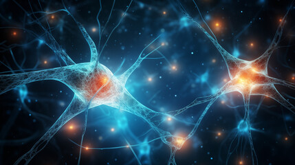 Close-up view of glowing neurons with interconnected synapses in a dark background, representing neural networks and brain activity.