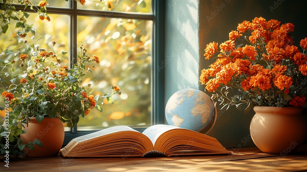 Poster world teacher's day celebration concept an open book a globe and flowers set against a warm golden b