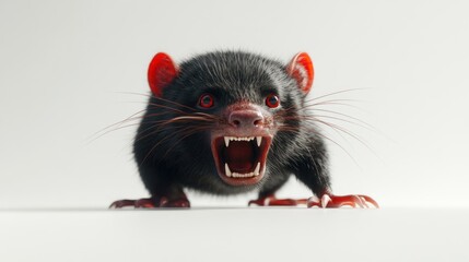 A black Tasmanian devil with red eyes and a menacing growl faces the camera with its teeth bared.