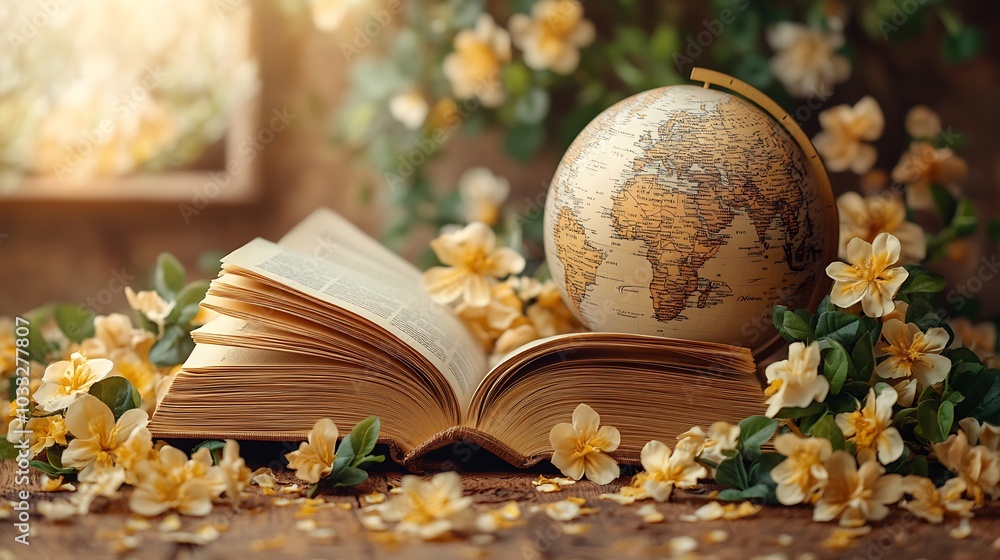 Poster world teacher's day celebration concept an open book a globe and flowers set against a warm golden b